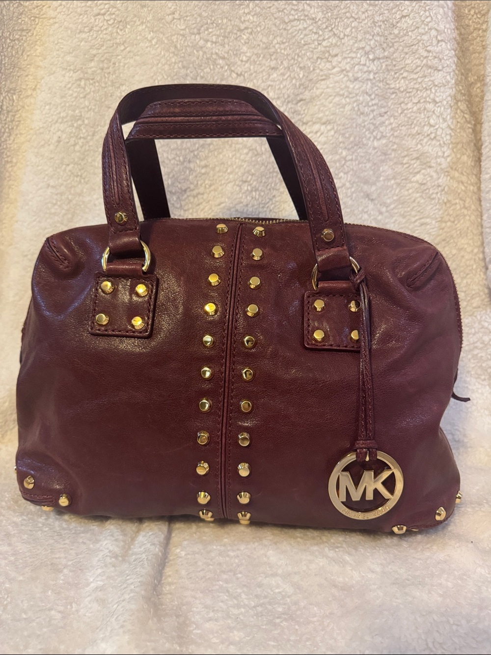 Michael Kors Burgundy Leather Studded Satchel with Gold Hardware